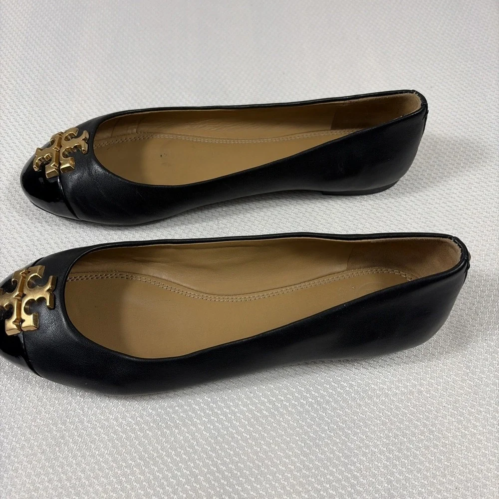Tory Burch Laura‎ Ballet Gold Double T Logo.Size 6.5 Black Shoes